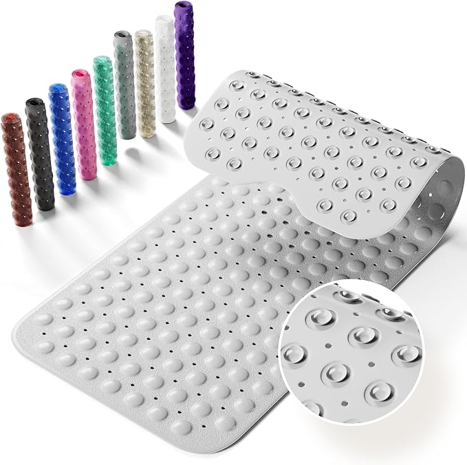 Non-Slip Bath Tub Mat, 39x16 Inch Extra Large Shower Mat with Drain Holes & Suction Cups, Machine Washable, Grey