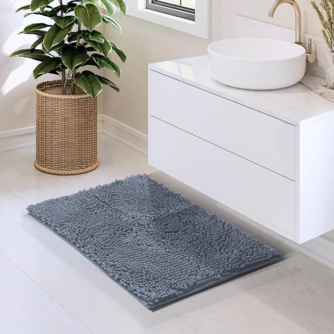 Hearth & Harbor Bathroom Rugs, Chenille Bath Mat - Machine Washable Bath Mats for Bathroom Non-Slip Backing Rubber, Quick Dry Bathroom Mat, 17 x 24 - Stone Blue