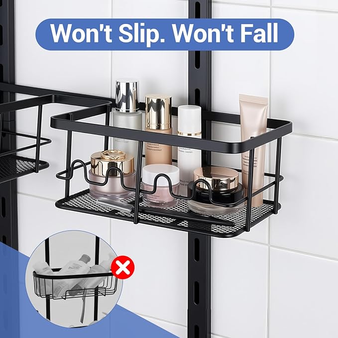 Extra Large Shower Caddy Hanging, Rust-Resistant Shower Organizer Hanging, 3 Tier Height-Adjustable Over the Head Caddy, Rack with Soap Basket (Black)