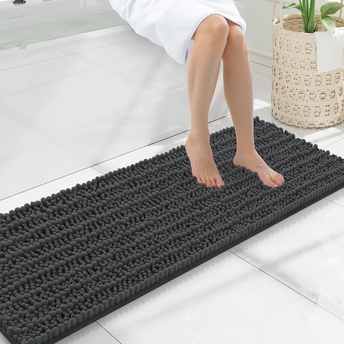 Smiry Bathroom Rugs Mat 47x17, Extra Soft Absorbent Chenille Bath Rugs, Non Slip Rubber Backing Machine Washable Quick Dry Bath Mats for Bathroom Floor, Tub, Shower, Home Decor Accessories, Dark Grey