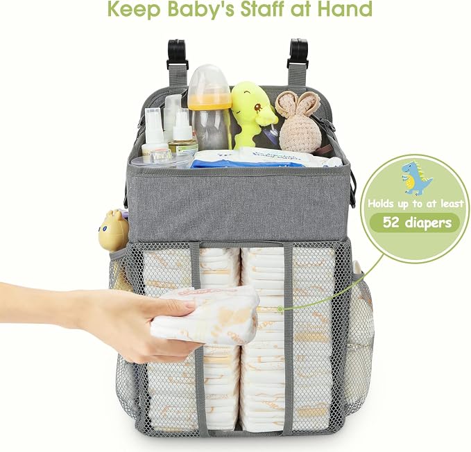 Maliton Changing Table Diaper Organizer - Baby Hanging Diaper Stacker Nursery Caddy Organizer for Cribs Playard Baby Essentials Storage (Gray)