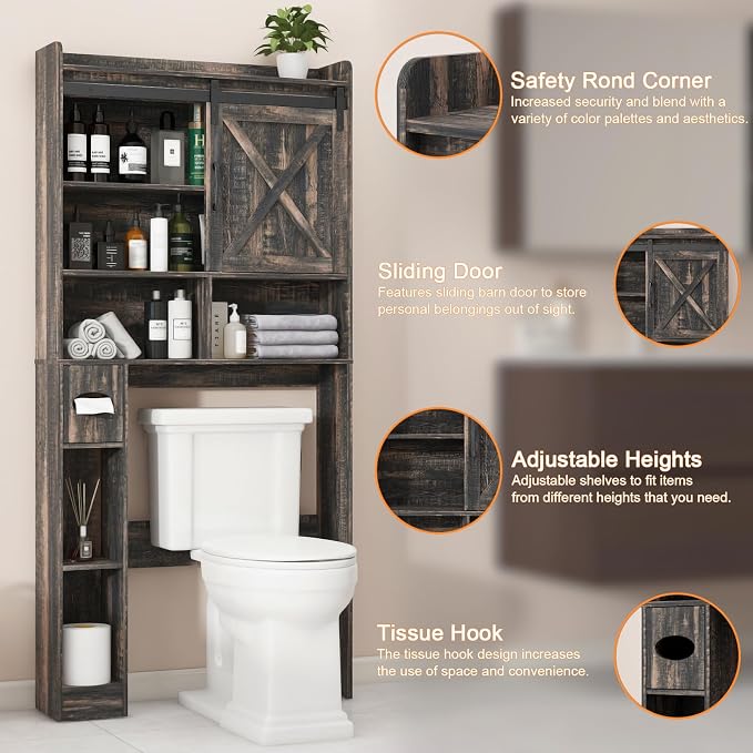 Vabches Over The Toilet Storage Cabinet, Farmhouse Storage Cabinet Over Toilet with Sliding Doors & Toilet Paper Holder Stand，Home Space-Saving Toilet Rack, for Bathroom, Laundry(Dark Grey)