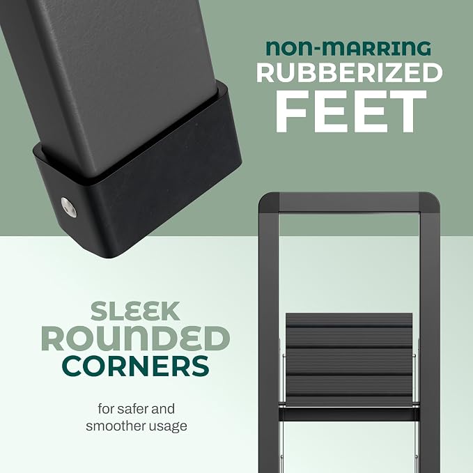 Step Ladder 2 Step Folding, Decorative - Modern Beautiful Black Aluminum,Lock Mechanism, Ultra Slim Profile, Anti Slip Steps, Sturdy-Portable for Home, Office, Kitchen, Photography Use,by SORFEY