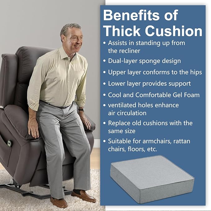 Shinnwa Gel Memory Foam Recliner Cushion for Elderly, Extra Large Seat Cushion, Dual-Layer Foam Chair Pad for Couch, Armchair, Wicker Chairs, Floor, 20 × 20 × 5in, Light Gray