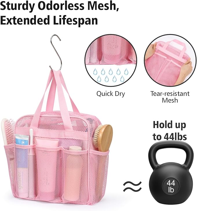 F-color Mesh Shower Caddy Portable with Zipper - Upgrade Deeper 7 Pockets Dorm Room Essentials for Guys Girls with S Hook, Shower Bag Basket Tote for College Camping Toiletry Bathroom, Pink