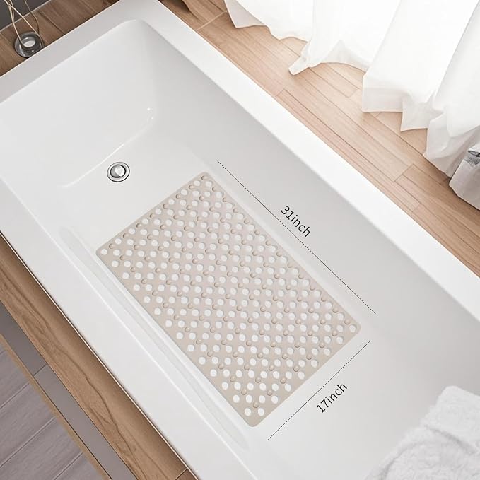 Non Slip Bathtub and Shower Mat 31x17 inch,Bath Mat with Quick Dry Drain Holes and Suction Cups, Soft Comfortable Safe Bathroom Mat for Bath Tub, Floor, Tile (Khaki)