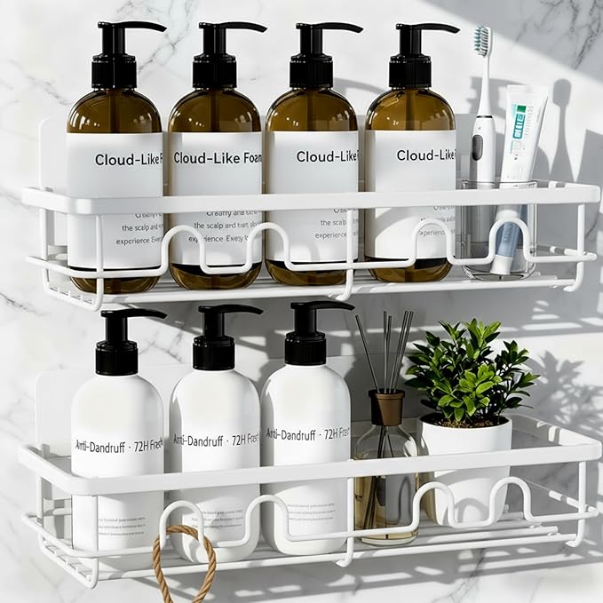 Adhesive Shower Caddy, Large Capacity Shower Racks for Inside Shower, No Drill Bathroom Shower Organizer and Storage, 2 Pack White Bathroom Shelves, Home Decor Rv Accessories, Apartment