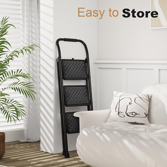 HBTower 3 Step Ladder, Step Stool Foldable for Adults with Wide Anti-Slip Pedal, Lightweight 3 Step Ladders for Home, Black