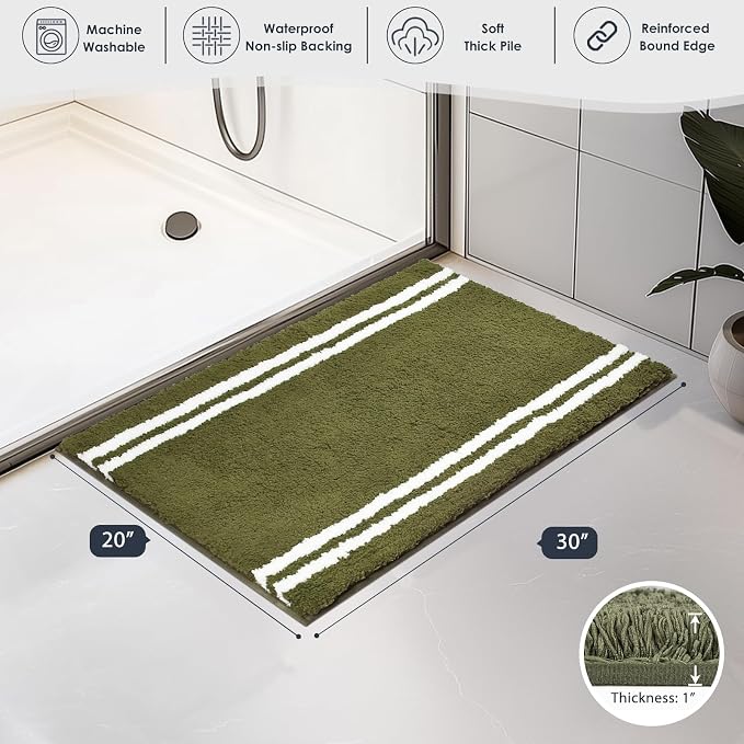 PURRUGS Bathroom Rug Non-Slip Machine Washable 20" x 30", Super Absorbent and Quick Dry Shaggy Microfiber Bath Mat, Extra Soft and Plush Bath Rug for Bathtub, Shower, and Sink, Olive Green
