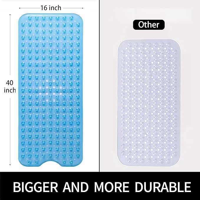 Large Non Slip Bathtub Mat, Extra Long Bath Mat for Tub, 40 x 16 Inch, Machine Washable Shower Mats with Suction Cups and Drain Holes, Bath Tub Mats for Bathroom Non Slip, Clear Blue