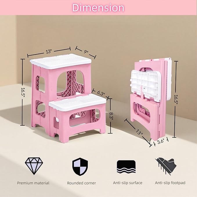 2 Step Stool Foldable, Non-Slip Steps, Folding Step Stool for Adults & Kids, Plastic Stool Pool Ladder, Collapsible Stools 2 Step Ladder for Kitchen Toilet Bedroom Office RV, Holds 330 lbs, Pink