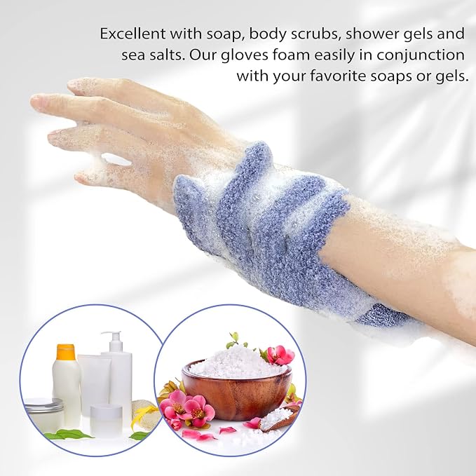 Evridwear Exfoliating Dual Texture Bath Gloves for Shower, Spa, Massage and Body Scrubs, Dead Skin Cell Remover, Gloves with Hanging Loop (3 Pairs Heavy)