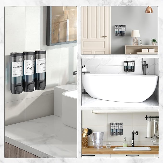 Shampoo and Conditioner Dispenser,Shower Soap Dispenser 3 Chamber No Drill Wall-Mounted Shampoo Dispenser for Shower Wall Mounted Shower Dispenser for Bathroom Hotel Large Capacity,Black