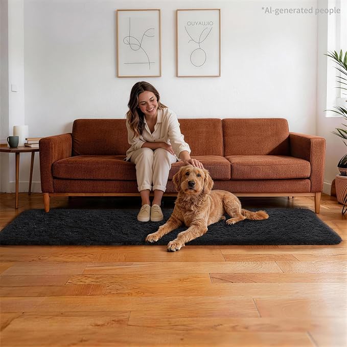 Ophanie Runner Rug for Hallway, 2x7 Washable Non-Slip Fluffy Soft Bedside Rugs, Bedroom Living Room Shaggy Carpet for Kids Girls Boys Dorm Nursery Home Decor Aesthetic, Black
