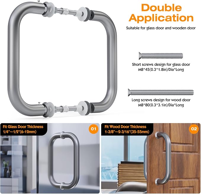 Ranbo Electroplating Grey 6" （CTC） Tubular Back-to-Back Shower Door Handle，Heavy-Duty 1.0mm Thick 304 Stainless Steel, for 1/4"- 1/2" Thick Glass and 1-3/8" - 2-1/6" Thick Wooden or Metal Doors