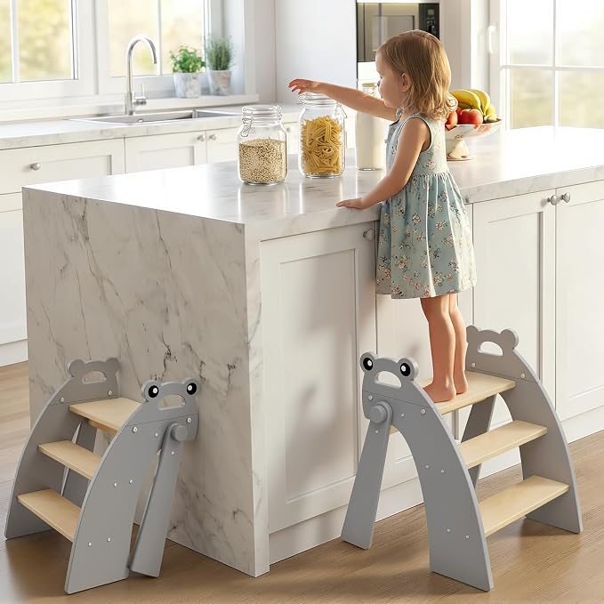 Step Stool for Toddlers, 3-Step Kids Step Stool for Bathroom Sink, Foldable Toilet Potty Training Bamboo Wooden Stool with Handles and Non-Slip Pads for Bedroom, Kitchen Stool Helper, Grey