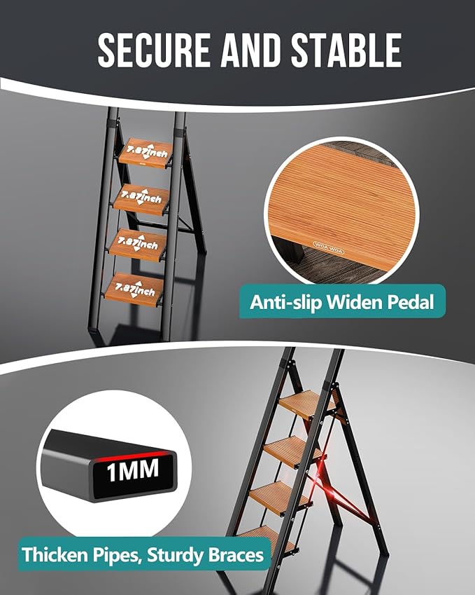 WOA WOA 4 Step Ladder, Ladders for Home, Anti-Slip Pedals, Aluminum Step Stool Foldable, Lightweight to Move, Ease of Storage, Reach 9ft for Closet Kitchen Library, Hold 300lbs - Black&Wood Grain