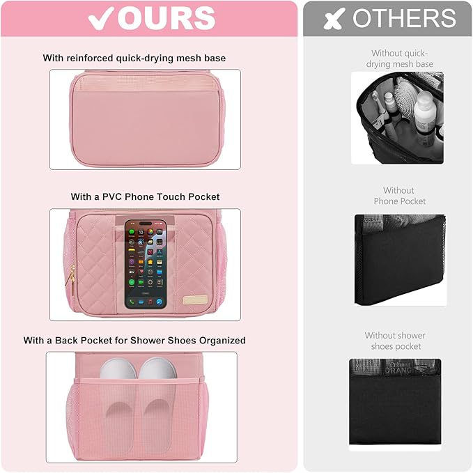 Portable Shower Caddy College Dorm Essentials (Full Size Bottle Compatible), Toiletry Bag for Women Men, Hanging Makeup Bag with Quickly Dry Mesh Base for Travel,Gym & Camping,Pink