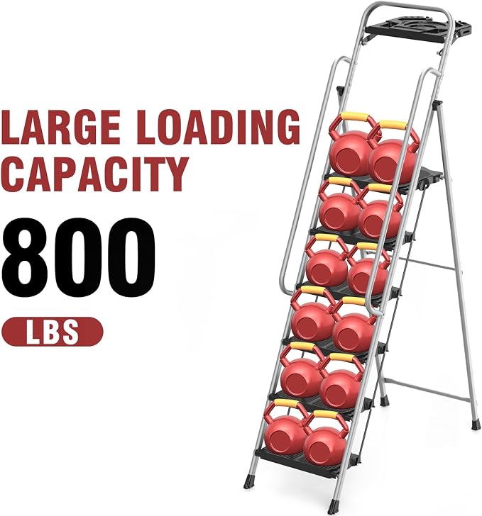 6 Step Foldable Step Ladder Stool with Roomy Tool Tray and Secure Handrail, Foldable Platform Ladder 6 Step Folding Stepstools with Wide Pedals and 800lbs Weight Capacity for Adults, Home, Kitchen