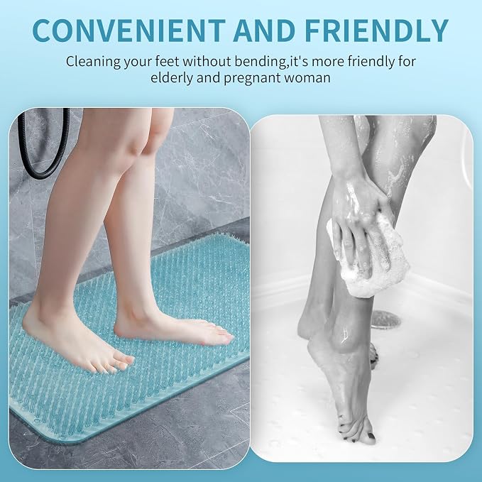 Yolife Shower Foot Scrubber Mat, Anti-Slip Bath Mat with Scrub Bristles, Soft Shower Foot Massager with Strong Suction Cups for Soothe Achy Feet, 25.6" x 13.4"