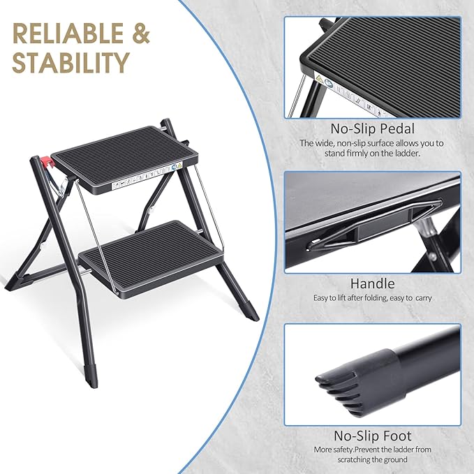 KINGRACK Folding Step Ladder, 2 Step Foldable Step Stool, Portable Stepladder with Handle, Non-Slip Rubber Mat, Release Button, Small Household Stepping Stool for Home Kitchen, for up to 330lbs, Black