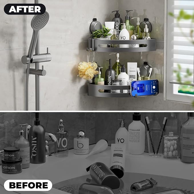 Corner Shower Caddy Suction Cup,Shower Shelves with Hooks,No Drilling Powerful Upgrade Suction Bathroom Corner Organizers and Storage,Removable Waterproof Rustproof Shower Shelf Bathroom Decor