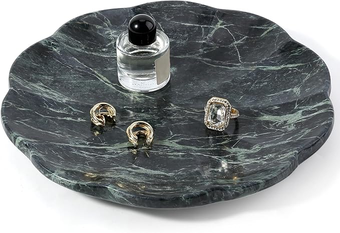 Koville Marble Tray, 8" Round Marble Vanity Tray for Jewelry Trinket Perfume, Natural Stone Tray for Bathroom Kitchen Dresser Countertop, Scalloped Decorative Tray for Home Table Decor(Green)