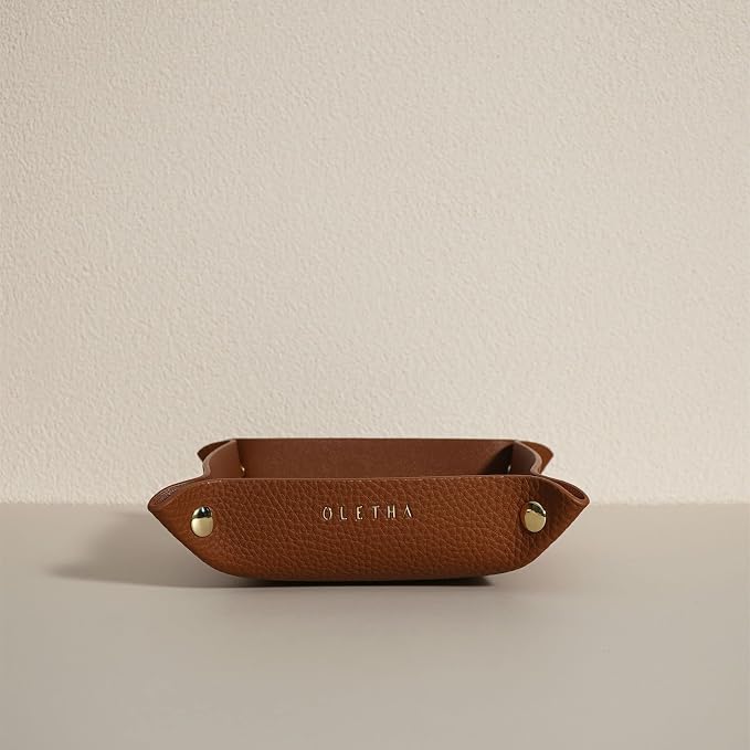 OLETHA Small Foldable Valet Tray - Aesthetic Desk Organizer for Home, Office & Travel - Portable Catch All Bowl for Keys, Jewelry & Essentials - Brown