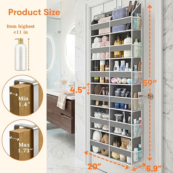 Over the Door Organizer 6 Tiers, Extra Large Behind Door Storage of 12 Compartments, 80 lbs Weight Capacity Hanging Storage Organizer with Clear Window Kids Toys, Shoes, Diapers, Room storage
