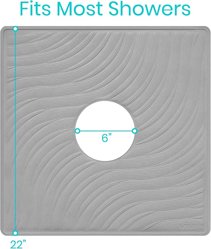 Vive Shower Mat - 22" by 22" Square Non Slip Large Bath Mat for Bathtub - Patented Design - Suction Cup Traction Skid Pad for Stalls Floors Tub - Textured Rubber with Drain Hole