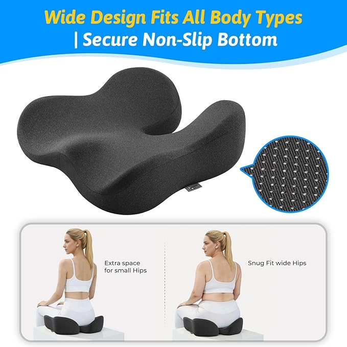 Seat Cushion for Tailbone & Sciatica Pain Relief – Certified & Ergonomist-Designed – Tapered Front Edge Reduces Thigh Pressure – Wide Memory Foam for Office Chair, Car, Wheelchair (Gray)