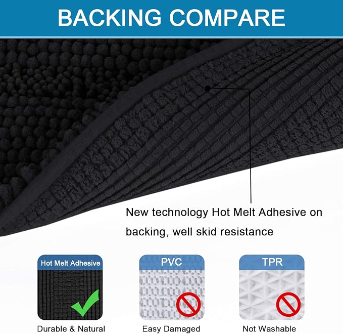 H.VERSAILTEX Bathroom Rugs Bath Rug Set 2 Piece Bathroom Contour Rug Toilet Mat Sets Non Slip Contour Bath Rug Set Ultra Thick Water Absorbent Striped Washable(20" x 32" Plus 20" x 20" U, Black)