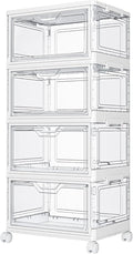 Kmiectse Clear Storage Bins with Lids - 4 Tier Plastic Bins with Wheels, Stackable Storage Bin, Closet Organizers Box for Bedroom, Living Room, 23 QT Folding Box with Magnetic Door