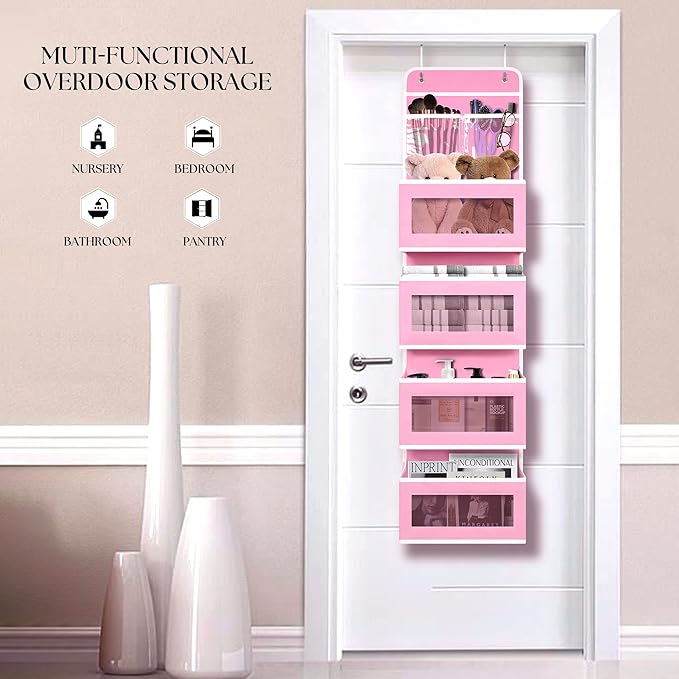 Giraffe Creation Pink Over Door Organizer with 4 Large Clear Pockets, Hanging Door Storage for Nursery, Bedroom, Bathroom, Closet, Toys, Diapers, Cosmetics, Baby Essentials