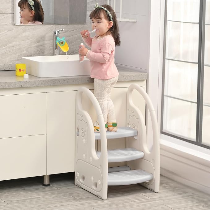 Toddler 3 Step Stool Onasti Kids Standing Tower for Toddlers Plastic Learning Helper Stool for Kitchen Counter Bathroom Sink Toilet Potty Training with Handles and Non-Slip Pads-Grey White