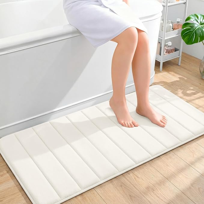 OLANLY Memory Foam Long Bathroom Rugs Runner 44x20, Super Soft Absorbent Bath Mat, Quick Dry, Machine Washable Shower Floor Rugs, Bathmat Carpet, Bathroom Home Decor Accessories, Ivory