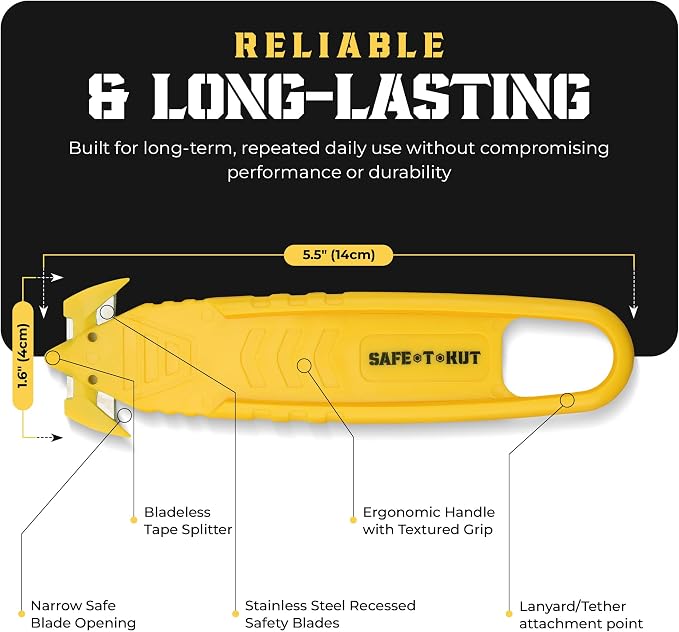 Safe•T•Kut Safety Box Cutter 20 Pack – Enclosed Blade Safe Utility Knife for Opening Boxes, Packaging, Plastic Wrap, Tape & Zip Ties