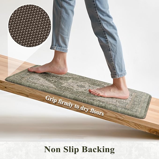 KIMODE Anti Fatigue Mats for Kitchen Floor, Green Distressed Kitchen Rugs Sets of 2, Spring Memory Foam Kitchen Mats for Floor, Waterproof Standing Mats for Sink Laundry Office Desk 17"x47"+17"x29"
