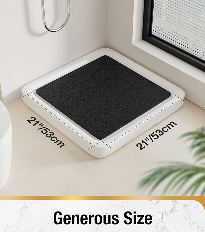 HITSLAM Square Shower Stall Mat, 21 x 21 Inch Non Slip Bath Mat for Tub, Soft PVC Loofah Bathtub Mats, Quick Drying Bathroom Shower Mat Anti Slip, Soft on Feet, Black