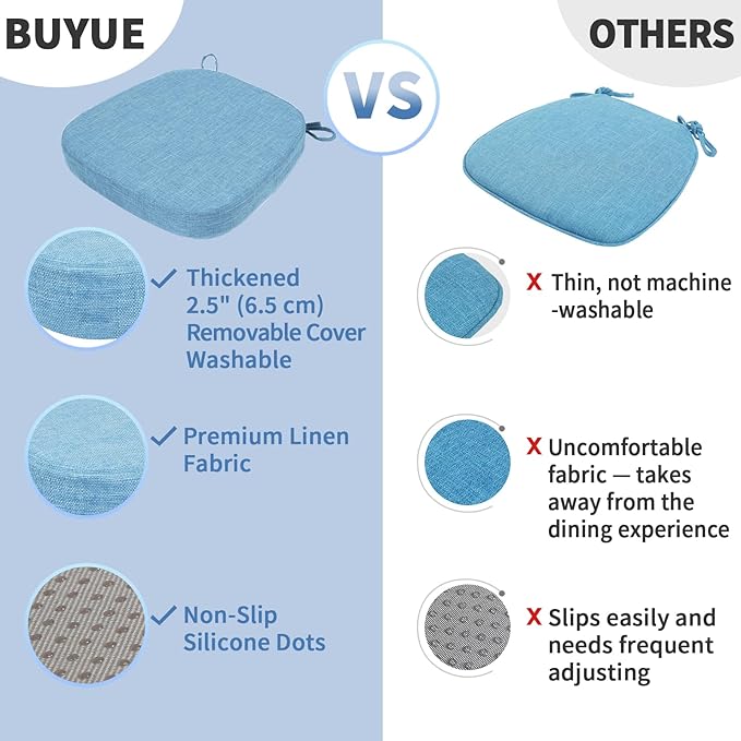 BUYUE Thickened 2.5" Friendly Woven Fabric Dining Chair Cushion, U-Shape High Density Foam Comfortable Chair Pad for Kitchen, Slip Resistant Indoor Seat Cushion (1 Piece, Light Blue)