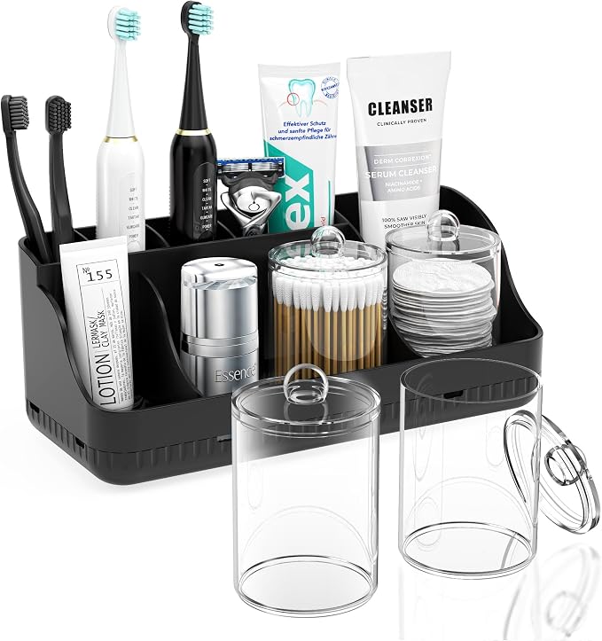 Bathroom Counter Organizer and Storage with 2 Pack Qtip Holder Dispenser, 7 Slots Detachable Toothbrush Holders for Bathrooms, Anti-Slip Electric Toothbrush and Toothpaste Holder Countertop
