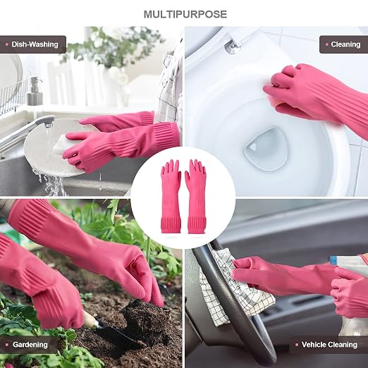 DABOGOSA Mamison 2 Pairs Reusable Waterproof Household Dishwashing Cleaning Rubber Gloves, Non-Slip Kitchen Glove (Pink, Medium (Pack of 2))
