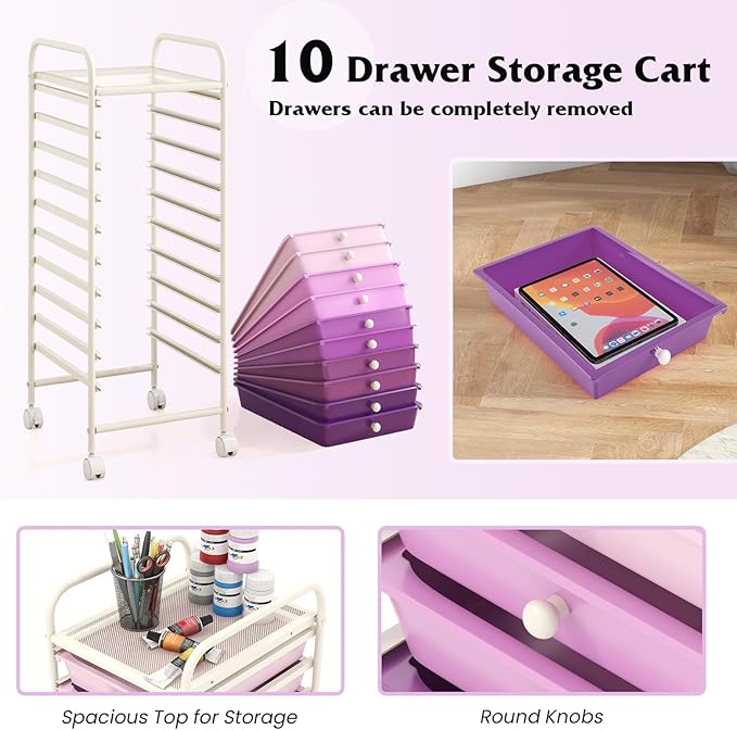 10-Drawer Rolling Storage Cart, Trolley w/Lockable 360° Wheels, 10 Removable PP Drawers, Sturdy Metal Frame, Rolling Utility Cart Perfect for Home, Office, Classroom (Gradient Purple)