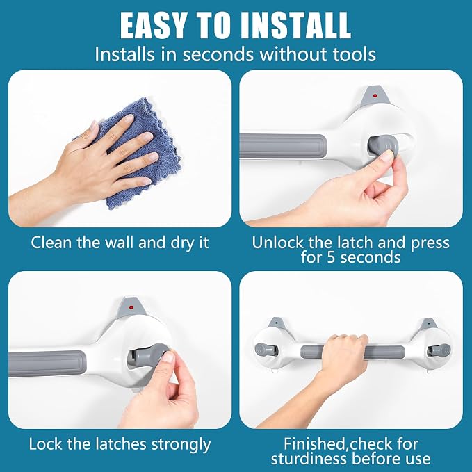 MCDEX Grab Bars for Shower, 2 Pack Shower Handle for Elderly (Gray White) | Safety Signal Indicators, Strong Suction Cup, Easy Installation, No Drill, Removable, Anti-Slip, Waterproof