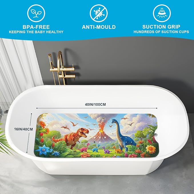 XIYUNTE Baby Bath Mat for Tub Non Slip Kids Bath Mat - 40''x16'' Extra Long Cartoon Turtle Baby Bath Tub Mat Eco-Friendly Toddler Bath Mats with Suction Cups & Drain Holes, Easy to Clean & Easy Drying