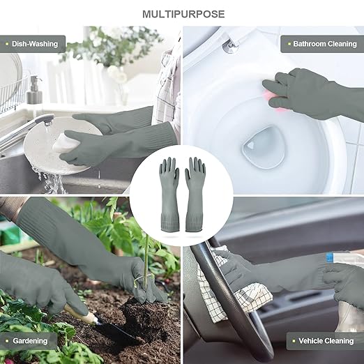 DABOGOSA Mamison 2 Pairs Reusable Waterproof Household Dishwashing Cleaning Rubber Gloves, Non-Slip Kitchen Glove (Grey, Medium (Pack of 2))