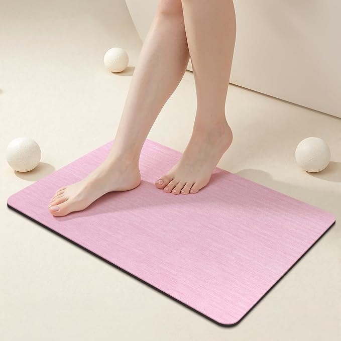 Mecko Bath Mat Rug, Ultra Thin Bathroom Rug -Rubber Non-Slip Quick Dry Absorbent Bath Mat Fit Under Door, Faux Suede Surface Bathroom Floor Mats for Bath, Shower, or Sink (Pink,16"x24")
