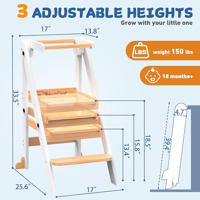Foldable Toddler Tower, Toddler Kitchen Stool Helper with Safety Net, Wooden Kitchen Step Stool for Toddlers with Adjustable Height, Standing Tower for Learning and Cooking(White)