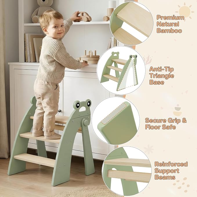Wooden Step Stool for Toddlers, 3 Foldable Step Stool for Kids Bathroom Sink & Potty Training, Bamboo Toddler Stool with Green Frog Handles and Non-Slip Pads for Bedroom, Kitchen Helper