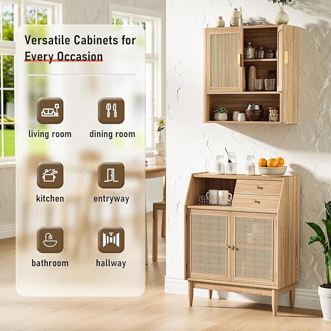 INNOD Bathroom Wall Storage Cabinet, Medicine Cabinet with Adjustable Wood Shelf & Doors, Over the Toilet Storage Cabinet for Laundry Room & Living Room Kitchen Storage Islands (Natural Oak)